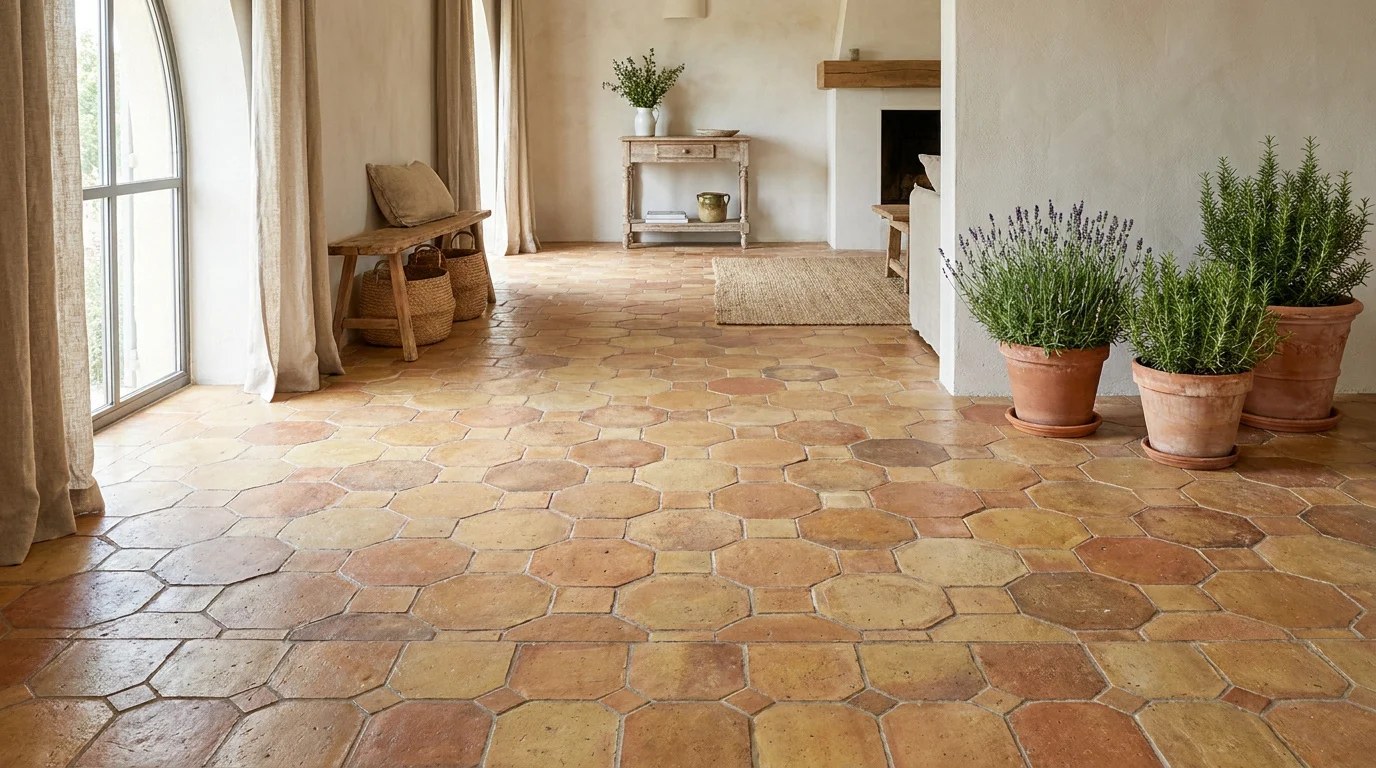 Sol intérieur associant parquet clair et carrelage décoratif